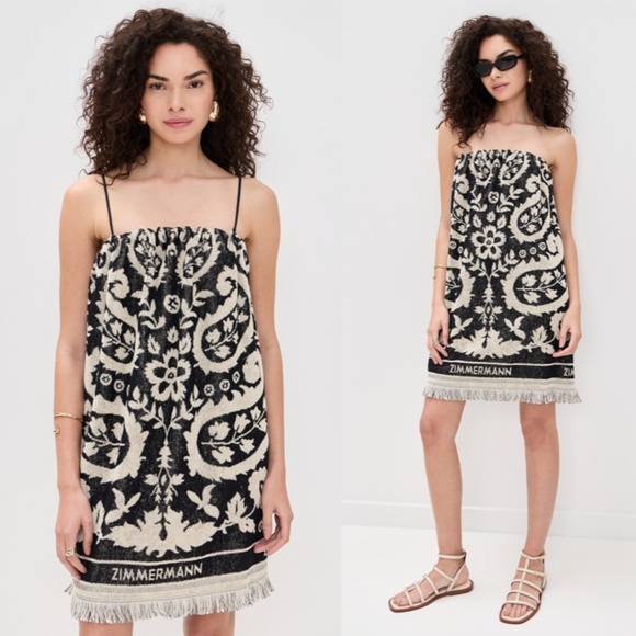 Zimmermann Dresses & Skirts - Zimmermann Rhiannon Fringed Terry Cloth Mini Dress Black Cream US 10 AU 3 NWT
